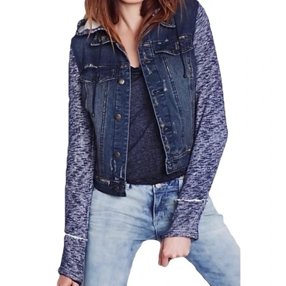 Free People Mixed Media Denim Jacket-navy - Picture 4 of 12